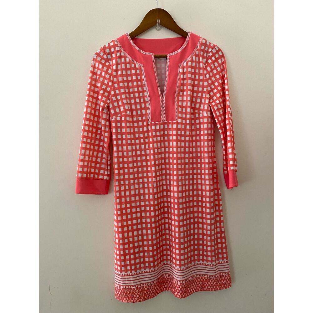 Cabana Life Tunic Dress Coral Pink White 3/4 Sleeve UPF 50+ Small EUC Beach